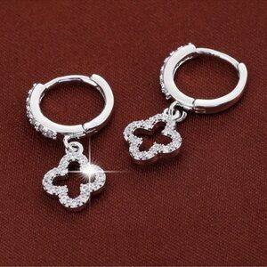 Elegant Clover Silver Hoop Earrings with Crystal Accents New NWT